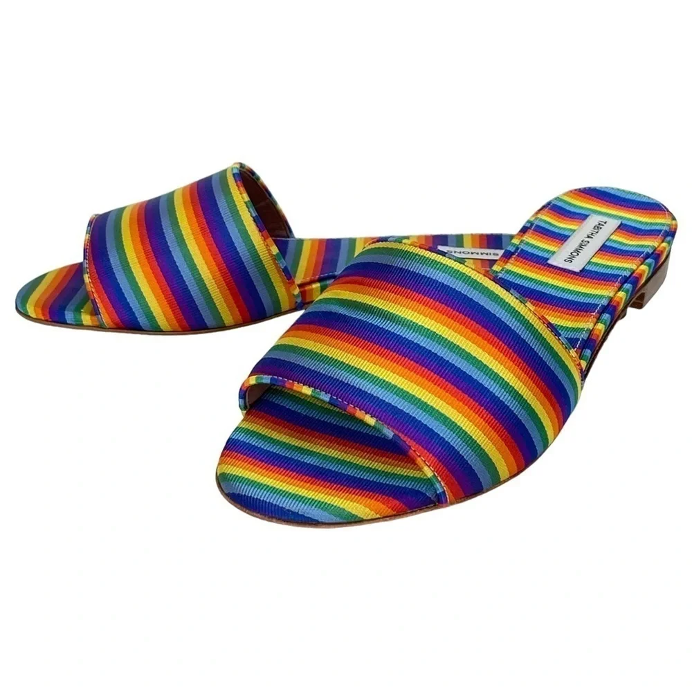 Tabitha Simmons Womens Slide Sandals EU 36 US 6 Sprinkles Rainbow Stripe Silk - Picture 8 of 13